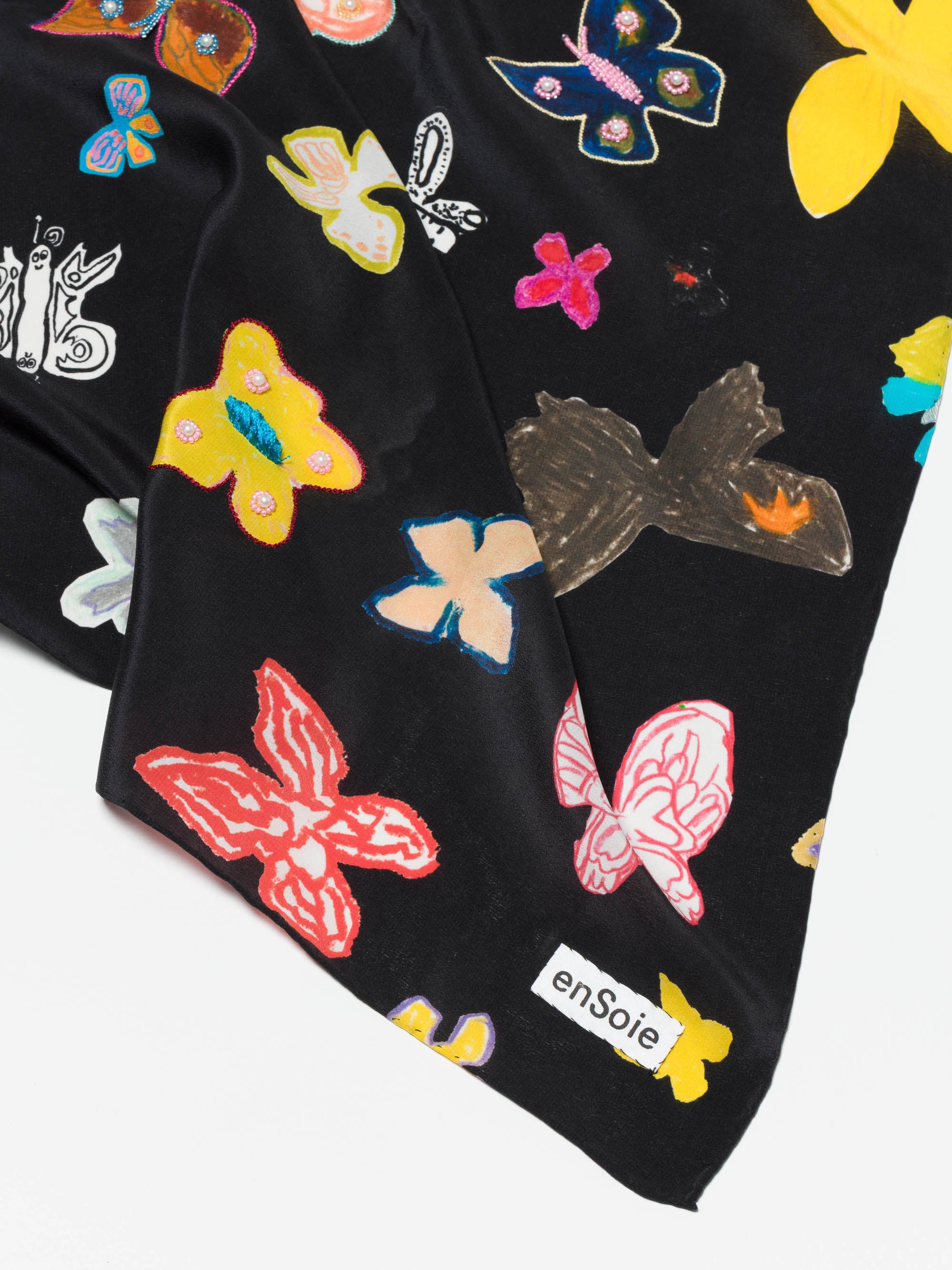 enSoie | Carré foulard 65, Butterfly print, Black