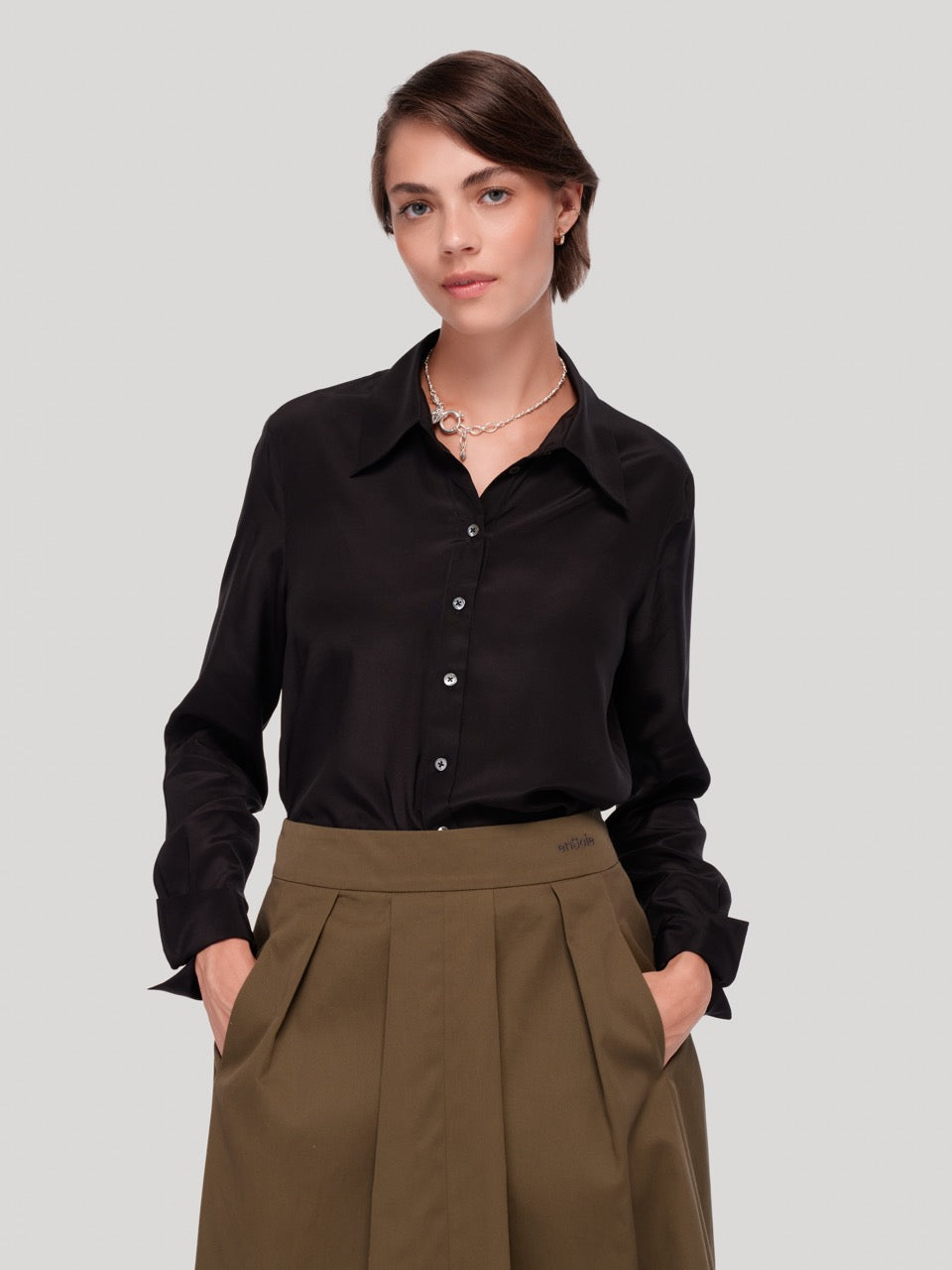 enSoie | Maxi Crepe de Chine Blouse Black Uni