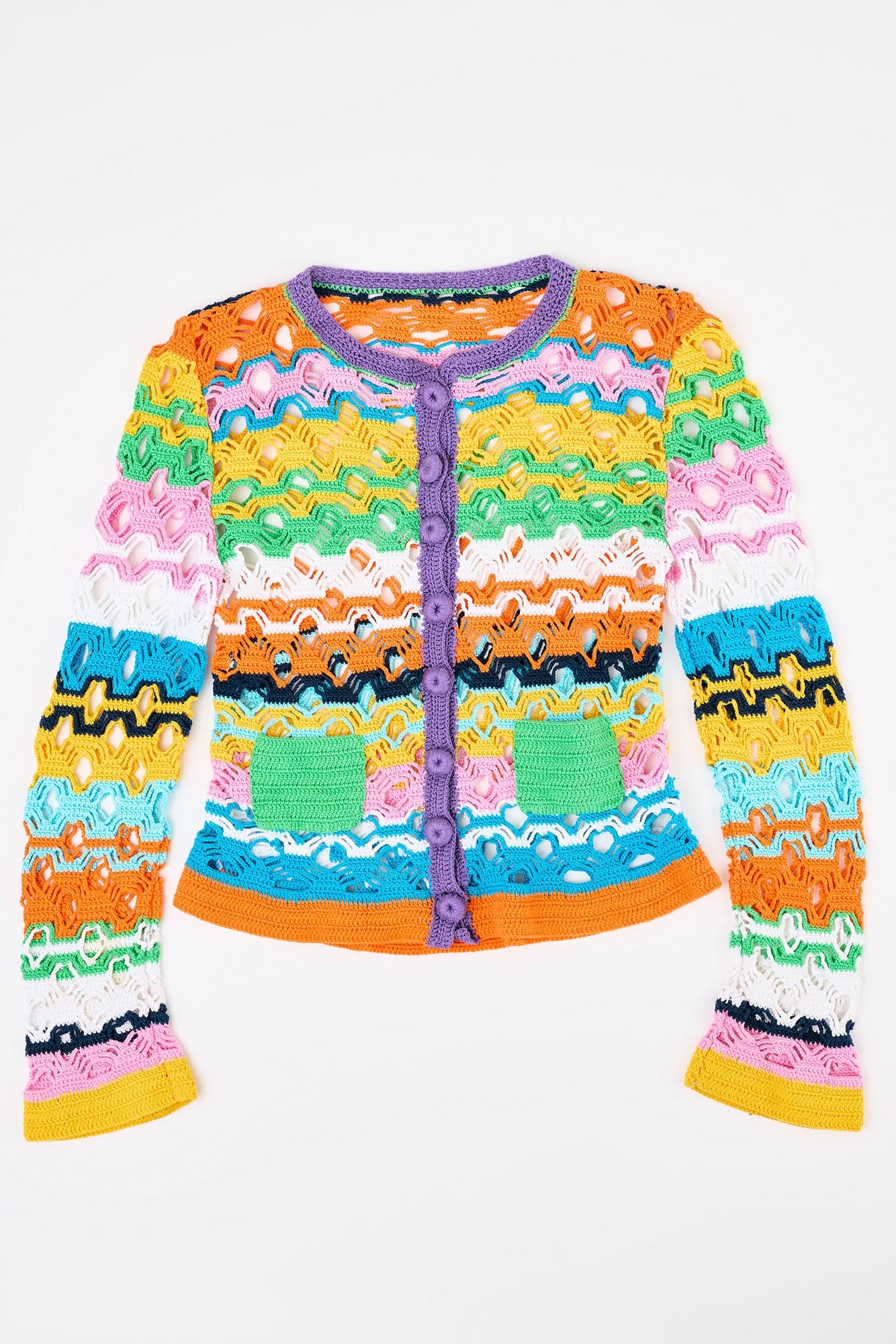 Flaka Jahaj / Studio Passenger | Besa - Striped crochet bias cardigan with matching buttons
